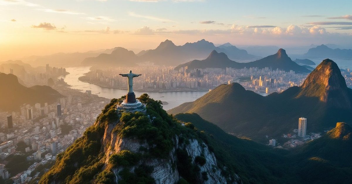 Estatua del Cristo Redentor sobre la montaña con vista a Río de Janeiro al atardecer