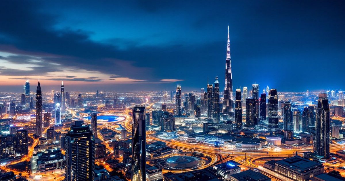 Skyline de Dubái con el Burj Khalifa iluminado durante la hora azul