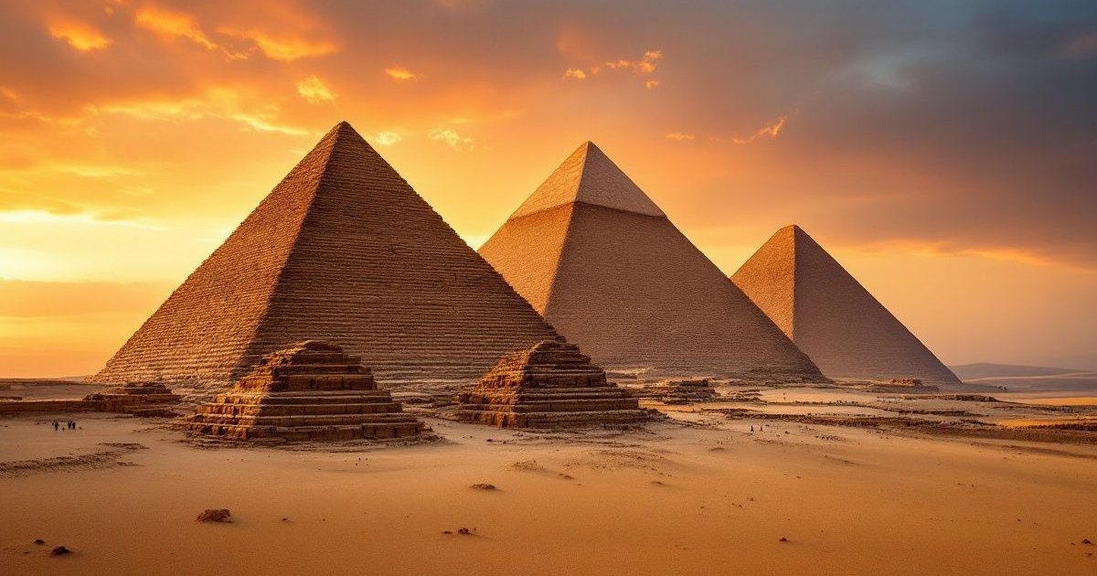 Las tres grandes pirámides de Guiza en el desierto al atardecer