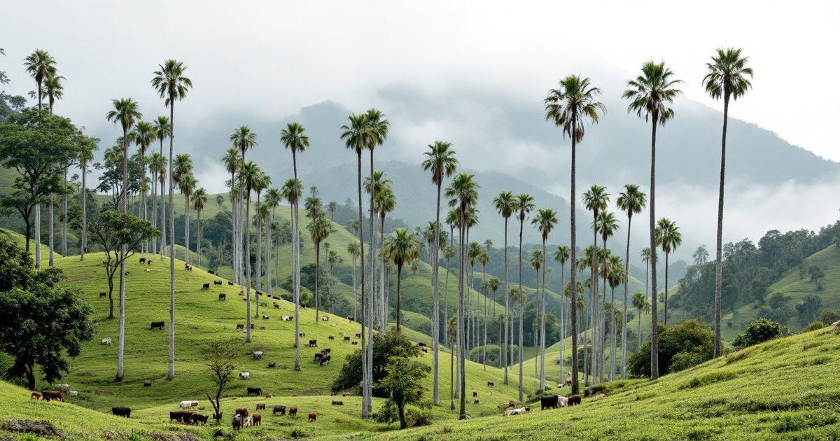 Palmas de cera altas y delgadas sobre colinas verdes con neblina en el Valle del Cocora
