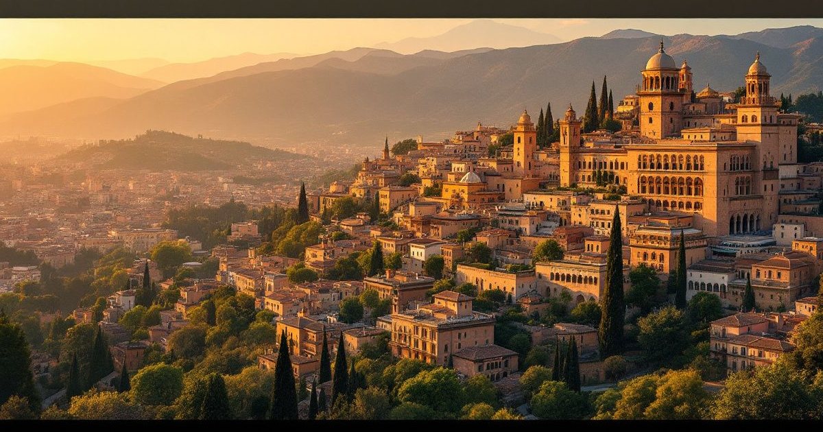 Ciudad andaluza en una colina con palacios y cipreses al atardecer