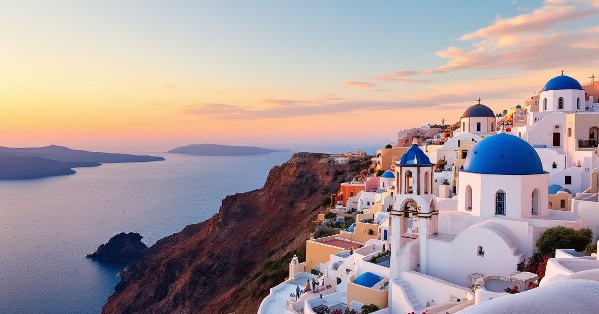 Casas blancas y cúpulas azules de Oia en Santorini sobre el mar Egeo al atardecer