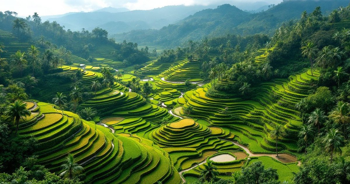 Terrazas de arroz verdes entre palmeras y montañas en Bali, Indonesia