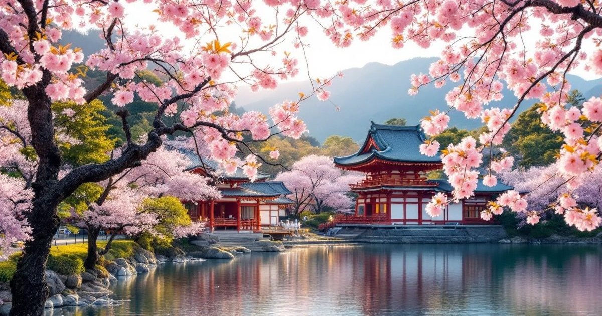 Templo japonés junto a un lago entre cerezos en flor en primavera