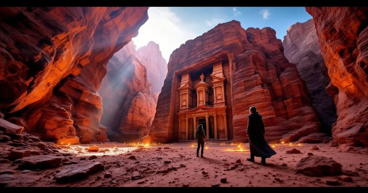 Fachada del Tesoro de Petra tallada en roca rosada al final del desfiladero