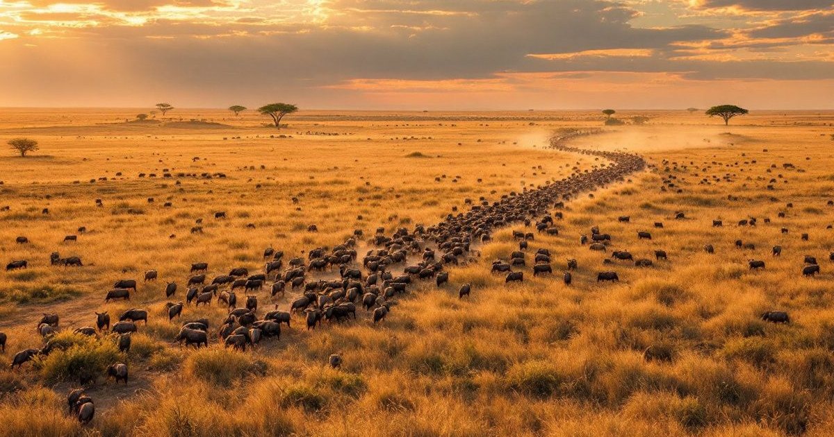 Manada de ñus en migración cruzando la sabana del Masái Mara al atardecer