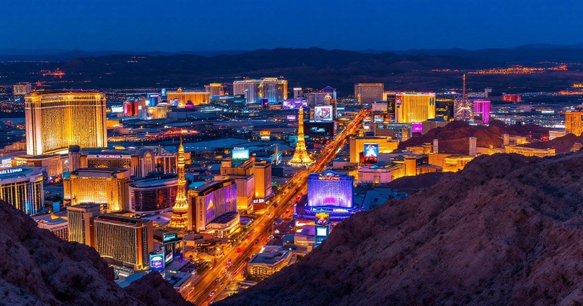 Vista nocturna del Strip de Las Vegas con hoteles y casinos iluminados
