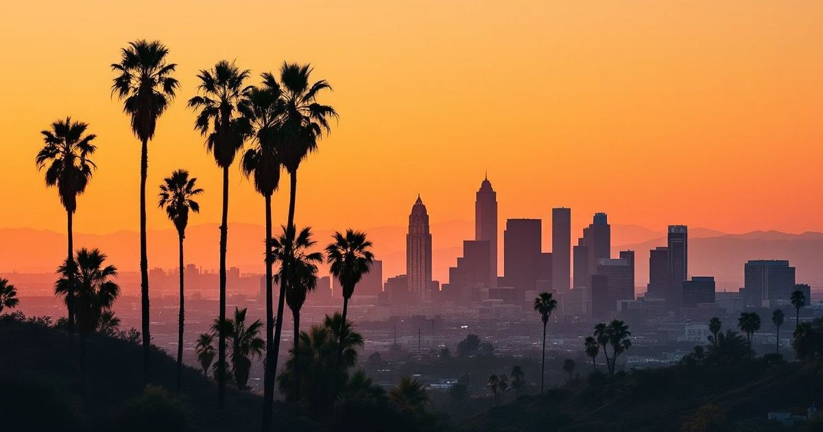 Skyline del centro de Los Ángeles al atardecer con palmeras en primer plano