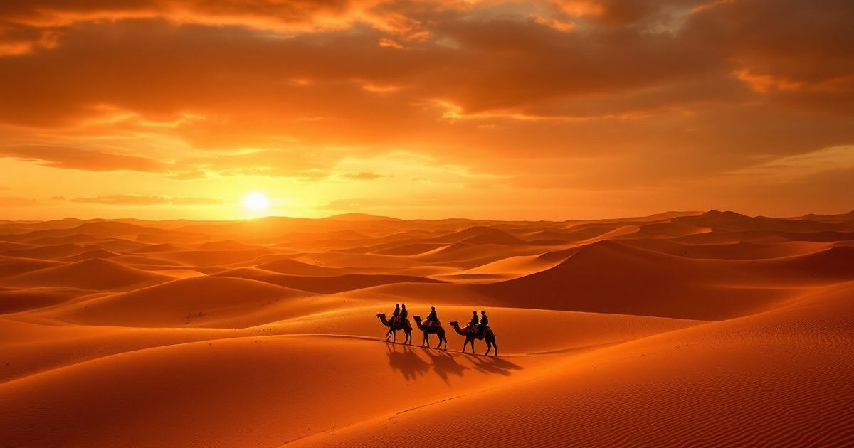 Caravana de camellos sobre las dunas del desierto del Sahara al atardecer