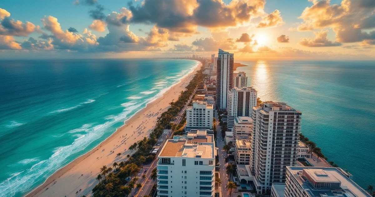 Vista aérea de Miami Beach con mar turquesa, playa y edificios frente al mar al atardecer