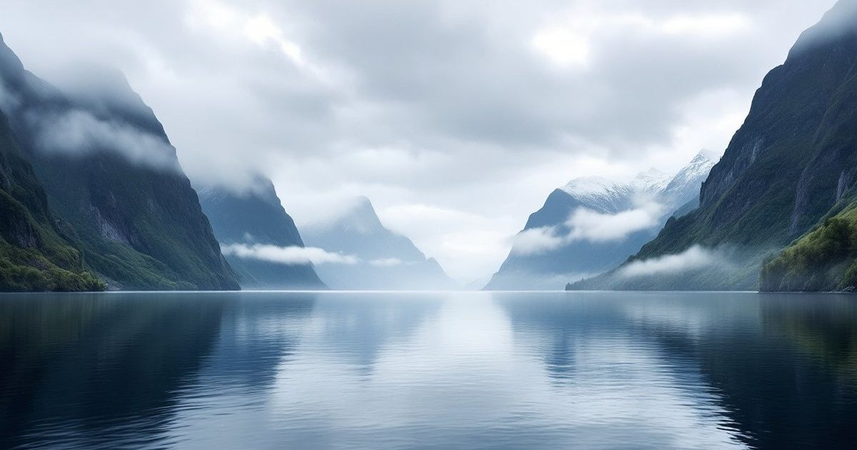 Fiordo con montañas escarpadas reflejadas en el agua entre la neblina en Fiordland, Nueva Zelanda
