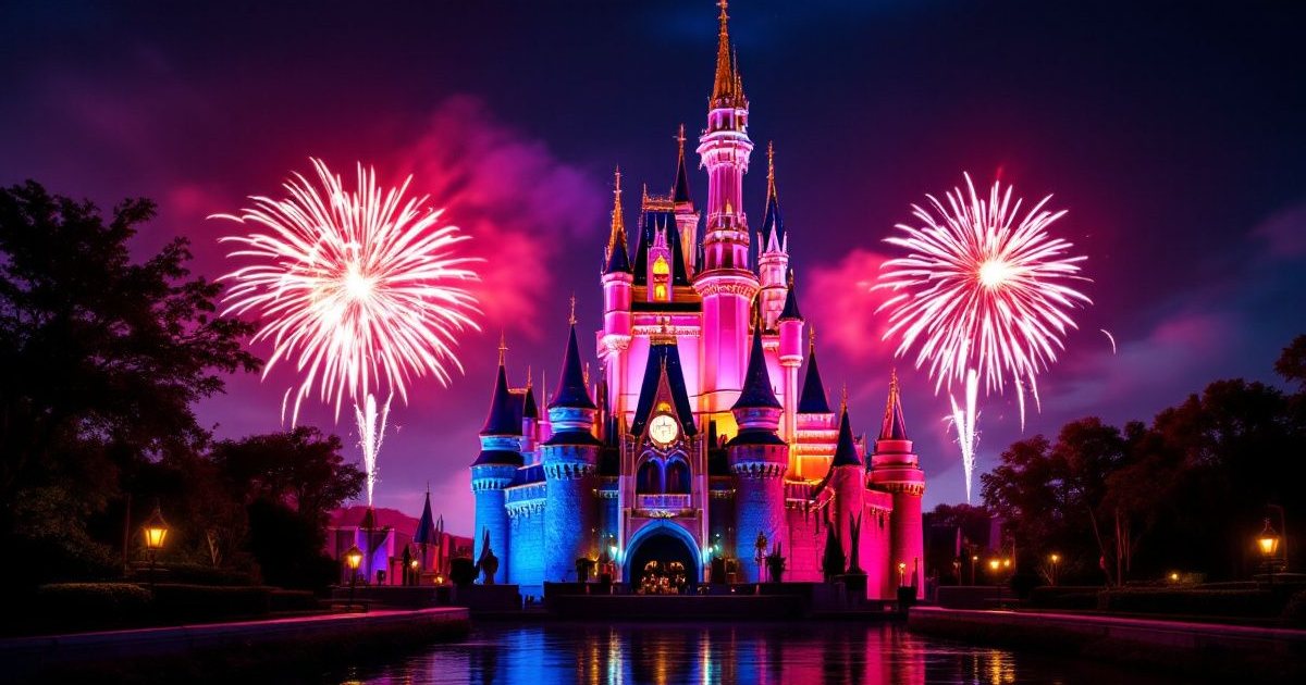 Castillo de parque temático iluminado con fuegos artificiales de noche en Orlando, Florida