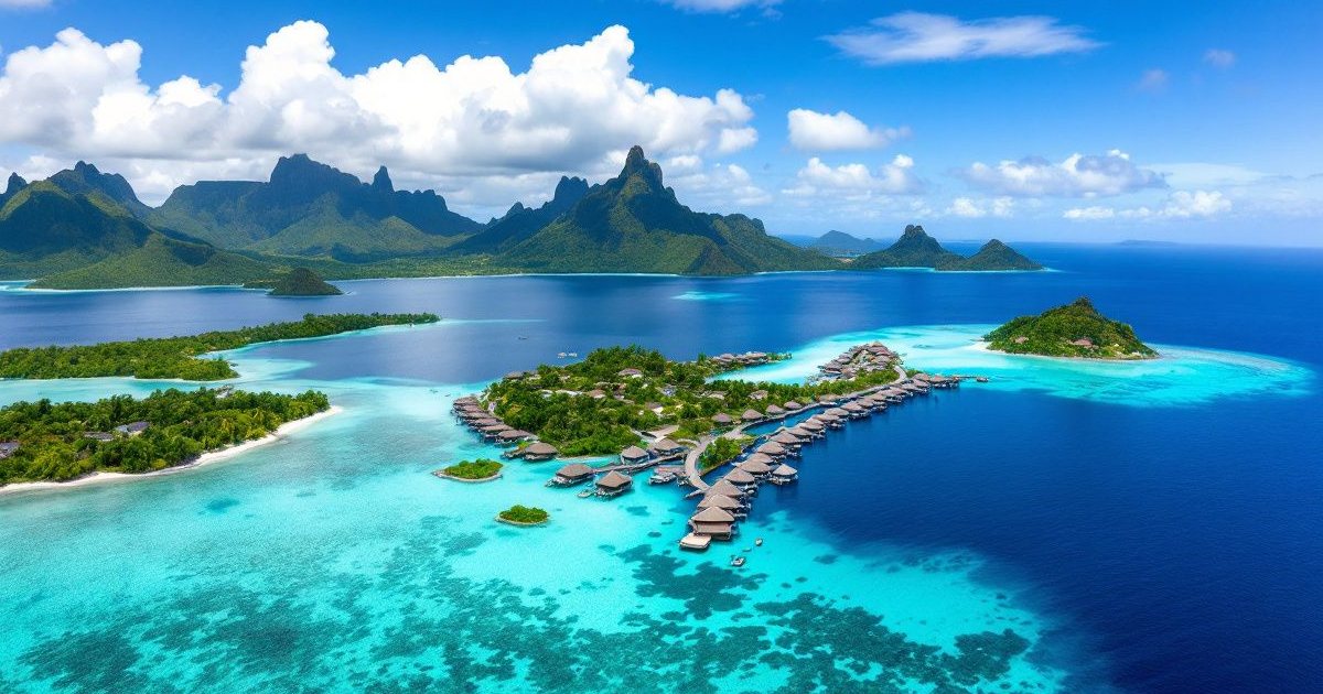 Villas sobre el agua en una laguna turquesa con montañas volcánicas al fondo en Bora Bora