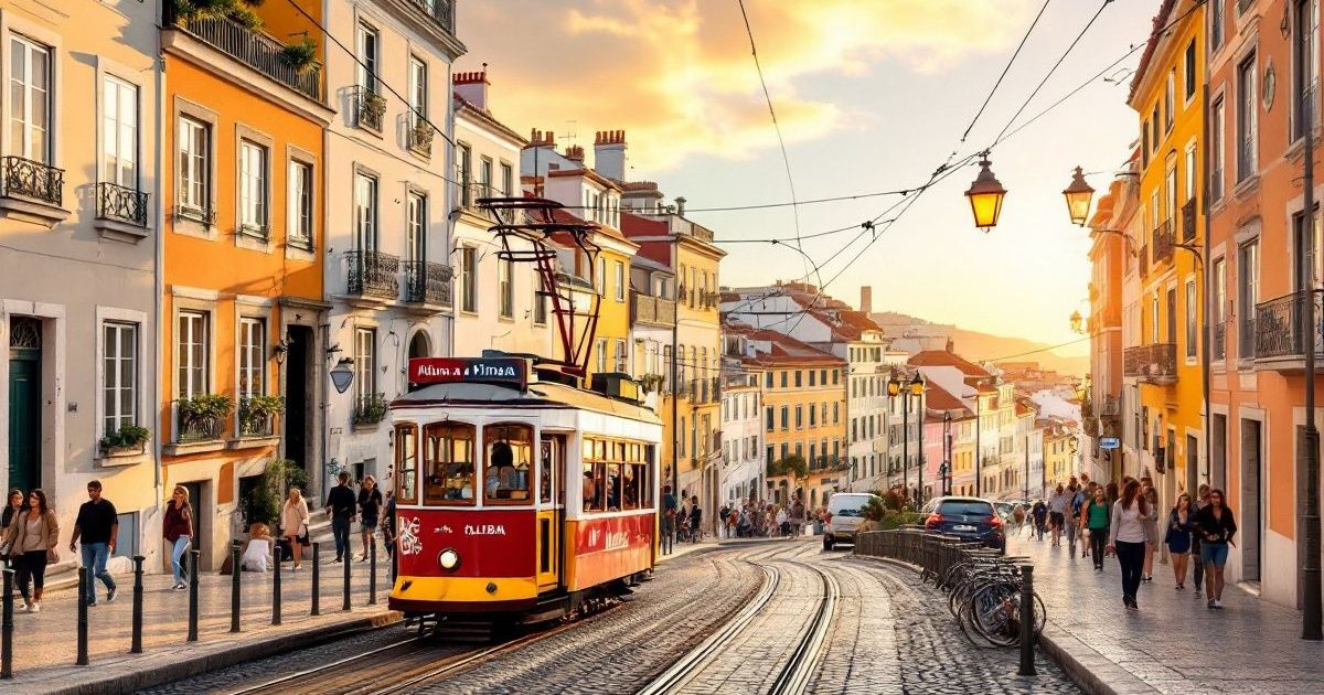 Tranvía antiguo en una calle empedrada entre edificios de colores al atardecer