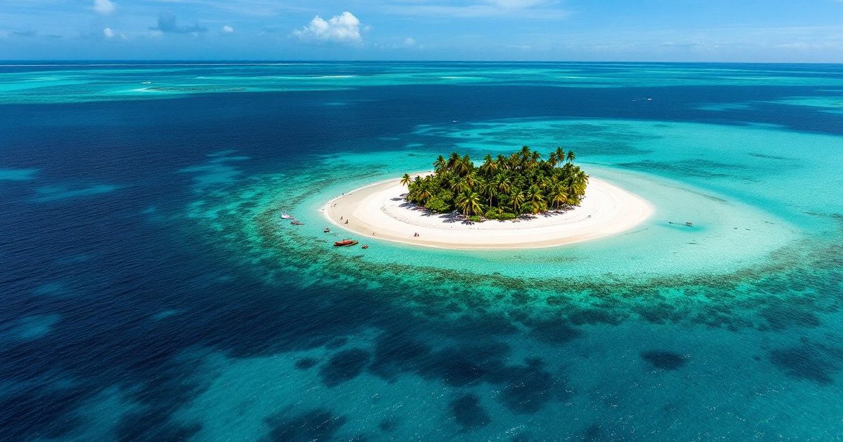 Vista aérea de un cayo de arena blanca con palmeras rodeado de mar caribe de varios tonos de azul