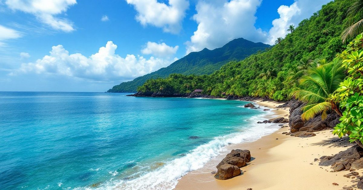 Playa tropical con selva verde y montañas en la costa del Caribe colombiano