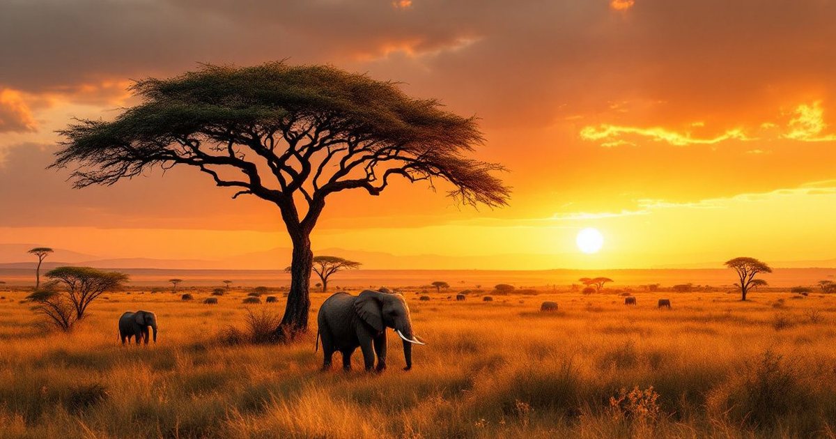 Elefante bajo una acacia en la sabana de Tanzania al atardecer