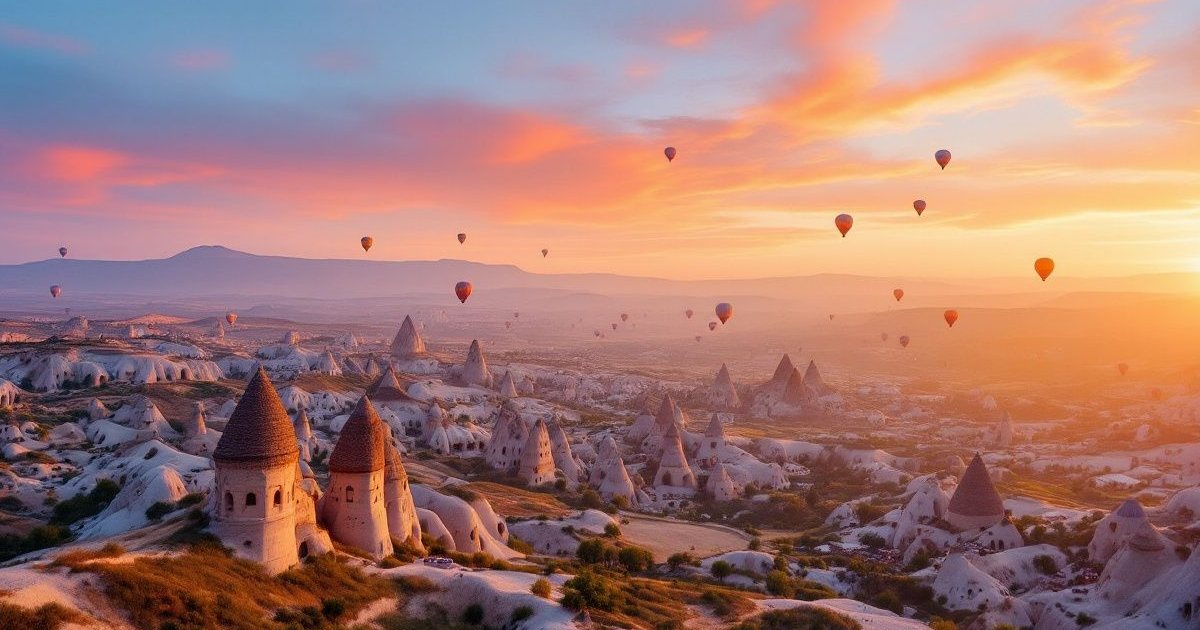 Globos aerostáticos sobre las chimeneas de hadas de Capadocia al amanecer