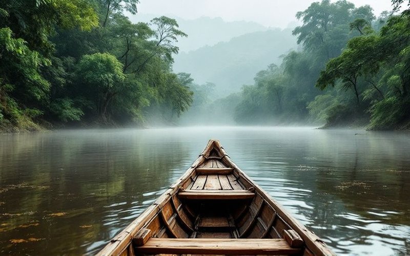 Canoa de madera en un río de la selva amazónica de Colombia con niebla