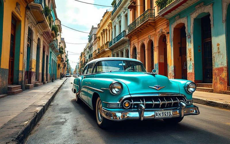 Auto clásico en una calle colorida de La Habana Vieja, Cuba