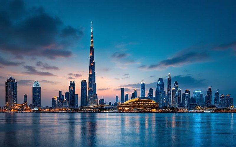 Horizonte de Dubái con el Burj Khalifa al anochecer