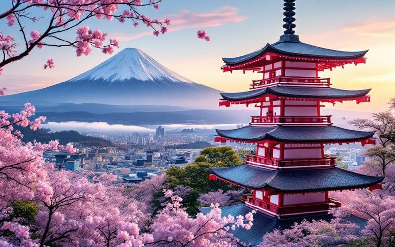 Pagoda japonesa con el monte Fuji y cerezos en flor, Japón