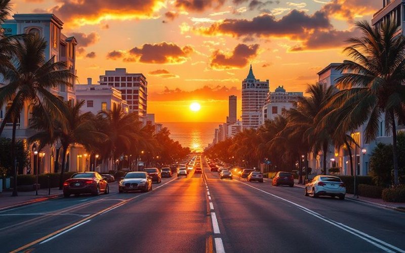 Avenida con palmeras y edificios art déco en Miami al atardecer
