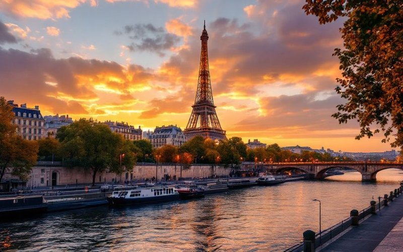 Torre Eiffel vista desde el río Sena al atardecer en París, Francia