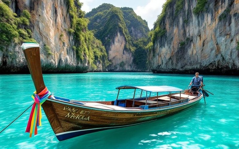 Barca tradicional sobre agua turquesa entre acantilados de piedra caliza, Tailandia